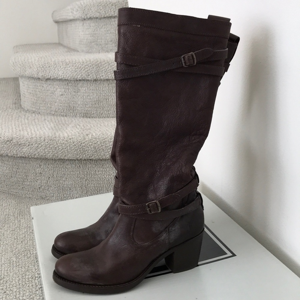 Frye Dark Brown Leather Mid-Calf Heeled Boots
